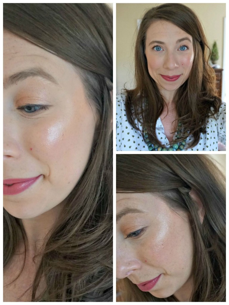 An everyday highlight look using the Becca Shimmering Skin Perfecter in Opal.
